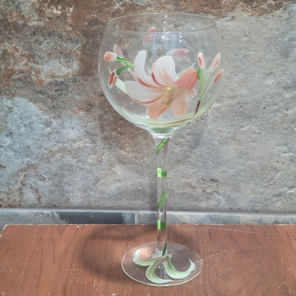 Hand Painted Balloon Shaped Wine Glass Tropical Lilies Pattern Pink White Lily F